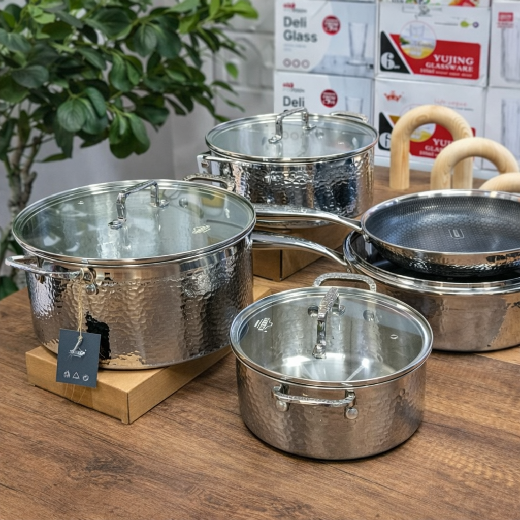 Premium High quality Tripply S/S Stainless steel cookware set with Hammered Patterned design