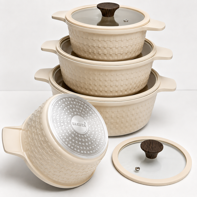 Cream Woven Texture Cookware Set with Glass Lids