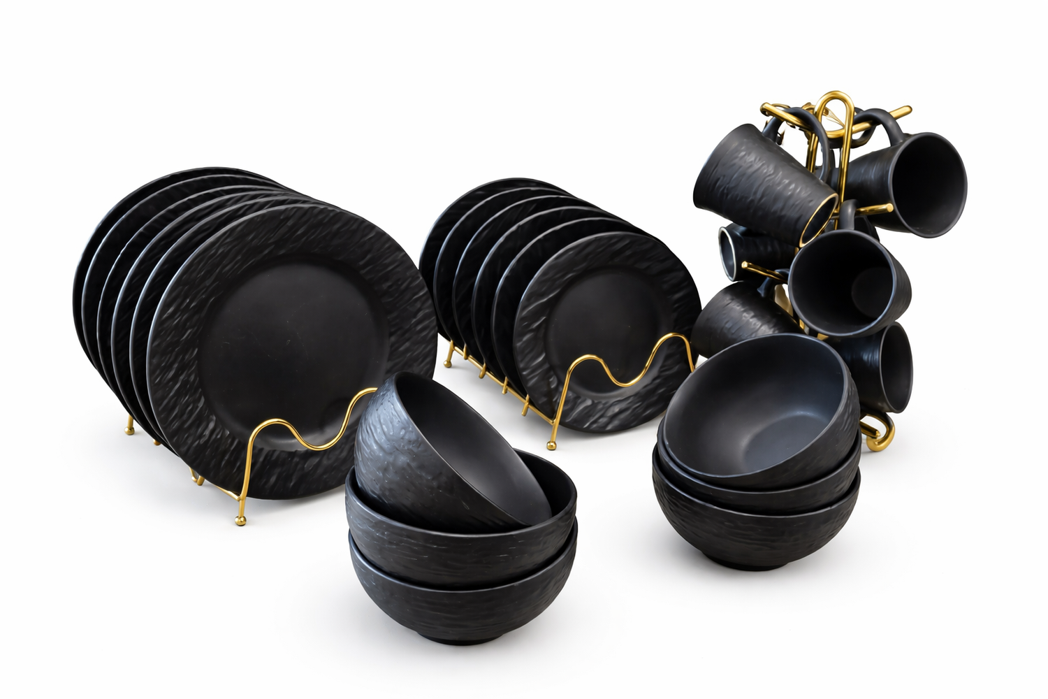 Luxury Black Stoneware Dinner Set with Gold Racks – Complete Tableware Collection,plates,bowls,sideplate,cups