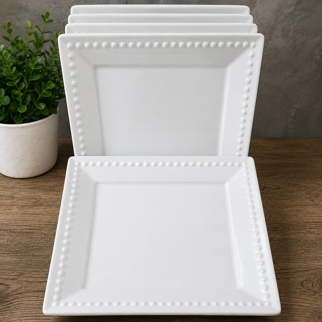 Classic White Square Porcelain Dinner Plates – 6 Piece Beaded Rim Plate Set