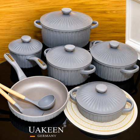 UAKEEN Germany VK27 11-piece grey die-cast cookware set with ceramic non-stick coating, casseroles, saucepan, frying pan and roaster