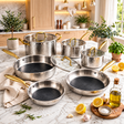 Cookware set stainless steel with gold handles and glass lids, 10 pieces — iDecorators Kenya