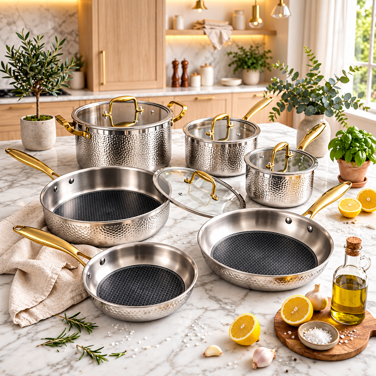Cookware set stainless steel with gold handles and glass lids, 10 pieces — iDecorators Kenya