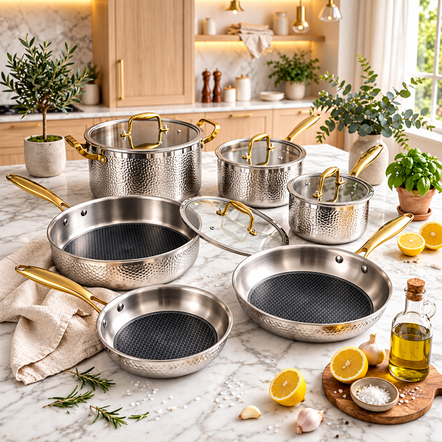 Cookware set stainless steel with gold handles and glass lids, 10 pieces — iDecorators Kenya