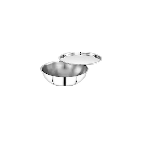 A stainless steel tagine with a lid, displayed