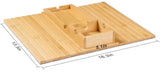 
Foldable natural bamboo sofa armrest tray measuring 16.3 by 13.3 inches with 5.1-inch built-in cup holder box, phone slot and flat surface for remote and snacks, shown clipped over a grey couch arm with a mug and TV remote — available at iDecorators Kenya, Nairobi. WITH DIMENSIONS