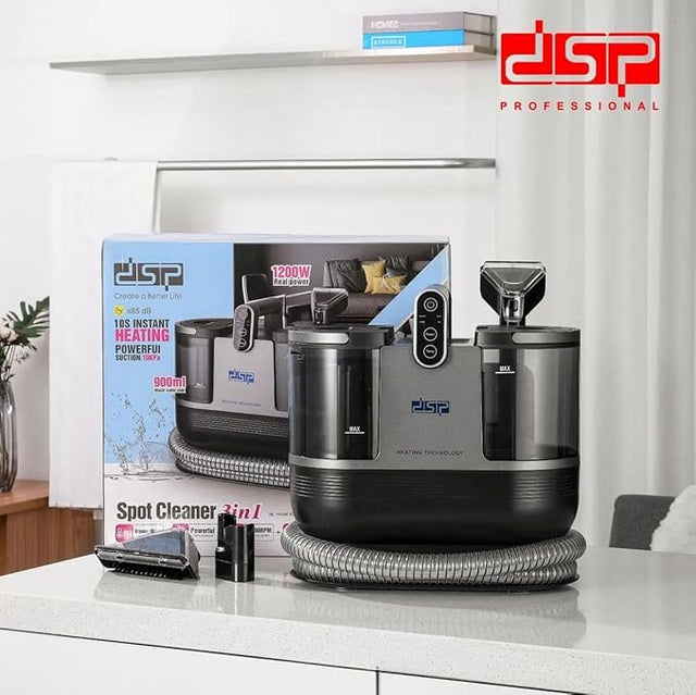 DSP spot cleaner box showing 1200W power, 10-second instant heating and 10KPa suction specifications — iDecorators Kenya