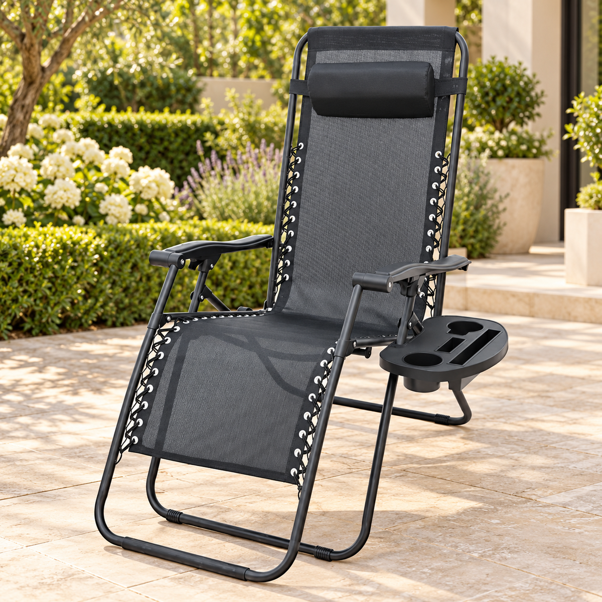 Zero gravity lounge chair black mesh steel frame with headrest and cup tray garden patio — iDecorators Kenya