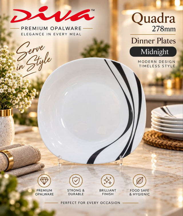 Opalware dinner plate white with black swirl pattern on plate stand — iDecorators Kenya