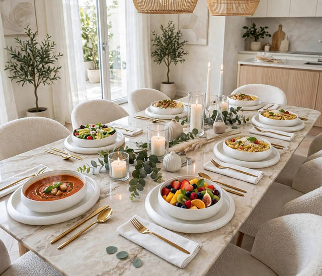 Dinner set snow pearl white glass table setting for six on marble table — iDecorators Kenya