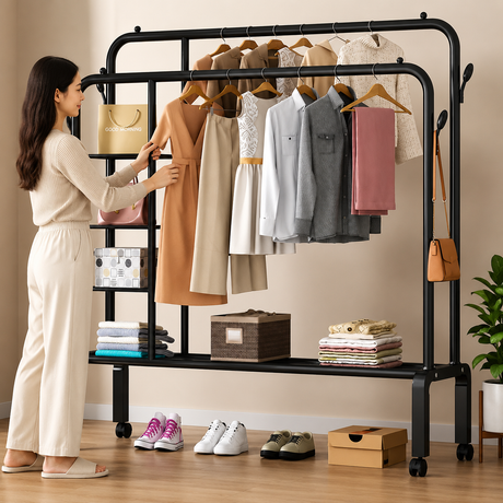 Double Pole Clothes Rack with Storage &amp; Wheels