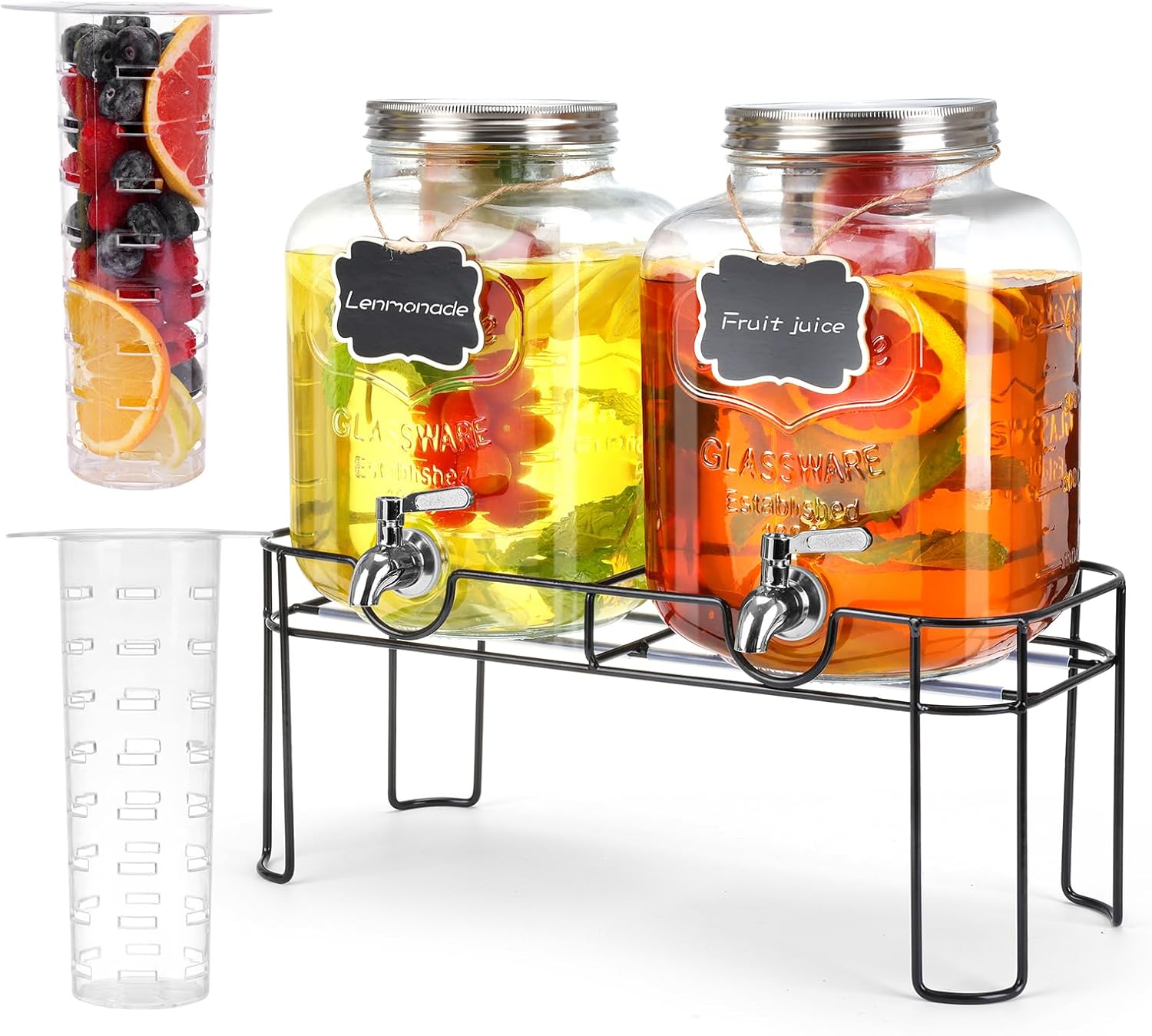 Double glass juice dispenser with stand and taps for lemonade, fruit juice and iced tea serving in Kenya