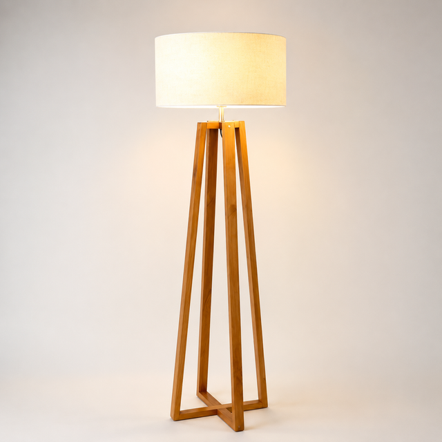 Modern wooden tripod floor lamp with fabric shade measuring 40 × 150cm for living room and bedroom lighting.
