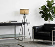 Modern rattan tripod floor lamp with woven natural shade and black metal stand measuring 45 × 145cm.