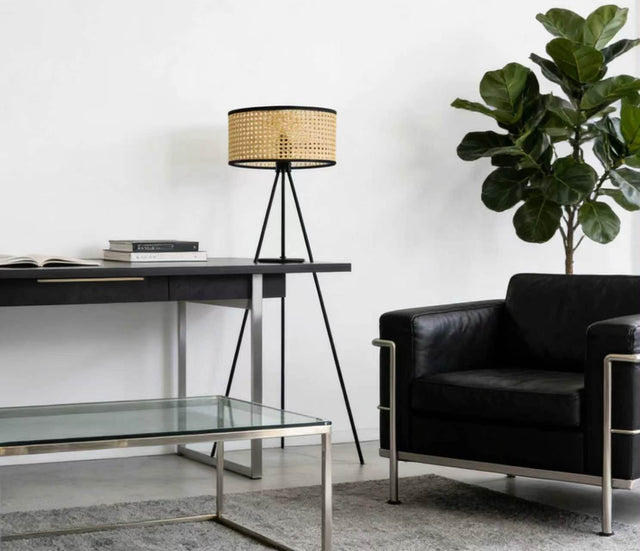 Modern rattan tripod floor lamp with woven natural shade and black metal stand measuring 45 × 145cm.