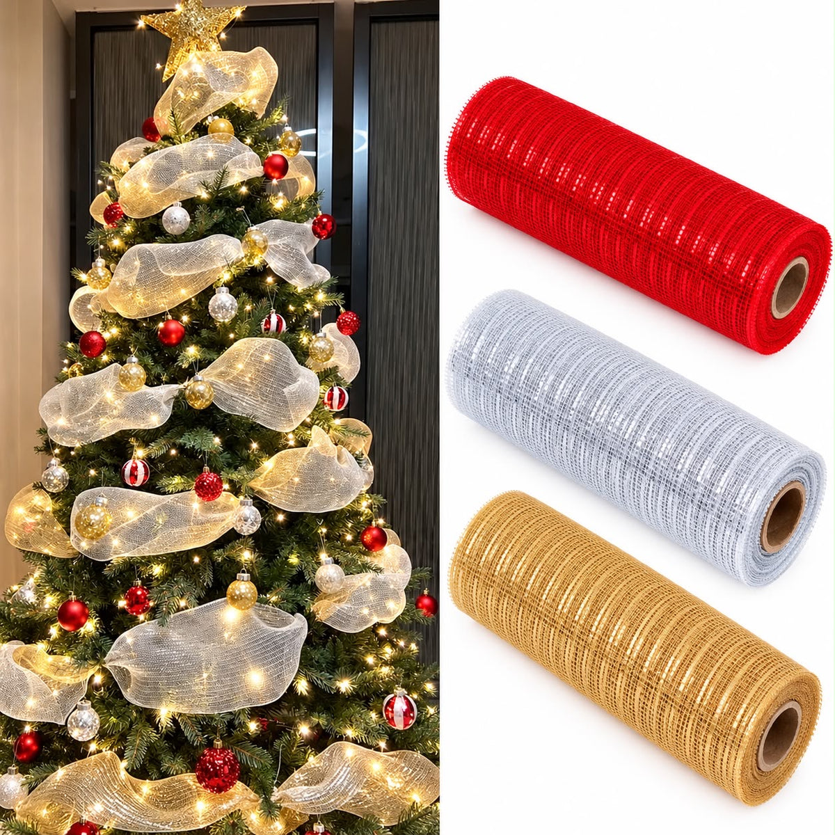 Christmas deco mesh ribbon metallic red silver gold rolls tree decor — iDecorators Kenya