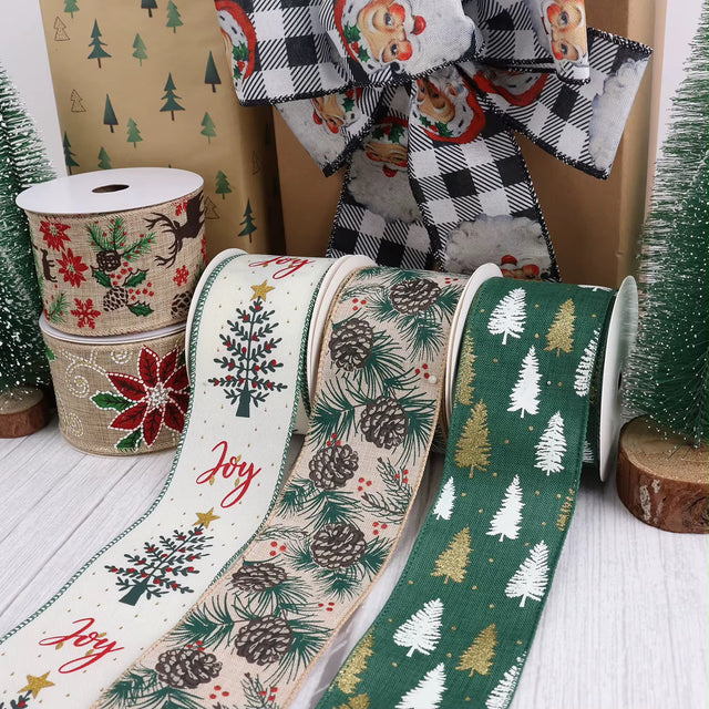 Christmas ribbon rolls printed linen look poinsettia pinecone tree designs — iDecorators Kenya