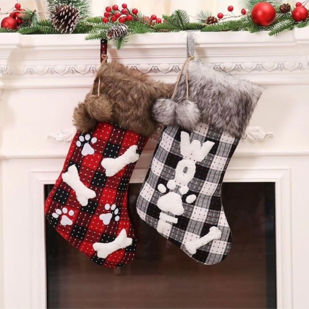 Christmas stockings red and black plaid dog design faux fur cuff mantel — iDecorators Kenya