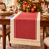 Red Geometric Christmas Table Runner with Tassels — 240cm