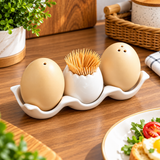 Salt and pepper set beige and white ceramic egg design with toothpick holder on egg tray — iDecorators Kenya