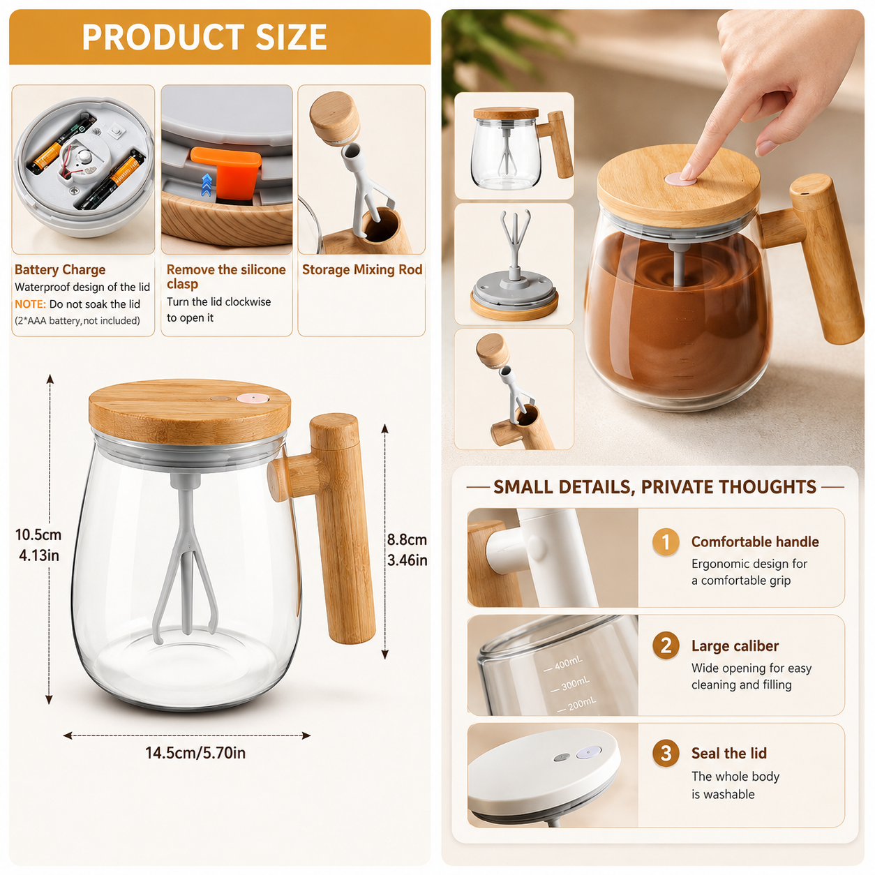 Electric Mixing Glass Mug with Bamboo Handle 400ml