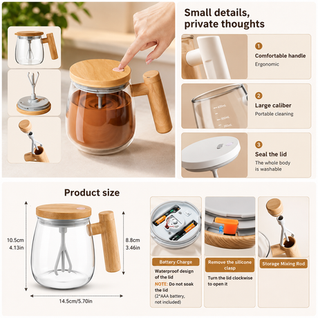 Electric Self-Stirring Glass Mug with Bamboo Handle 400ml