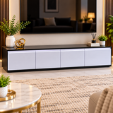 Modern Low TV Stand in Black with Four White Handleless Storage Compartments kmk
