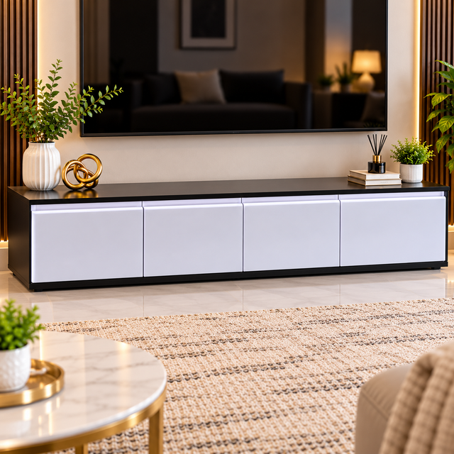 Modern Low TV Stand in Black with Four White Handleless Storage Compartments