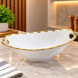 Serving bowl white ceramic gold rim oval with handles — iDecorators Kenya