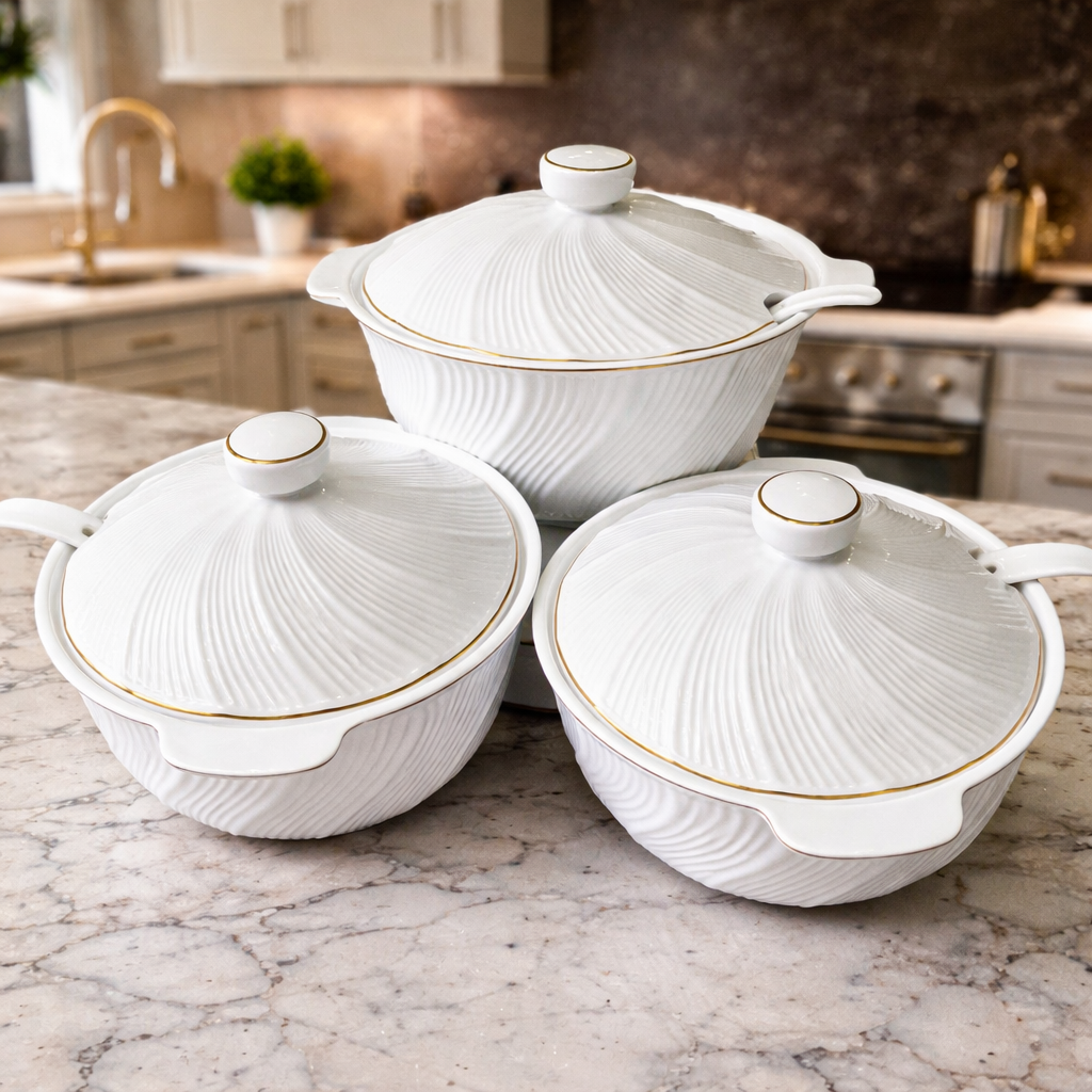 Elegant White Ceramic Casserole Serving Dish Set with Lids