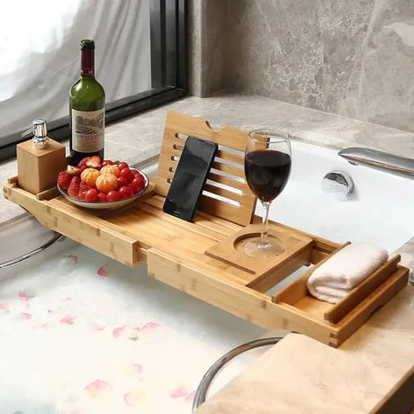 Expandable Bamboo Bathtub Caddy Tray / Breakfast Bed Table