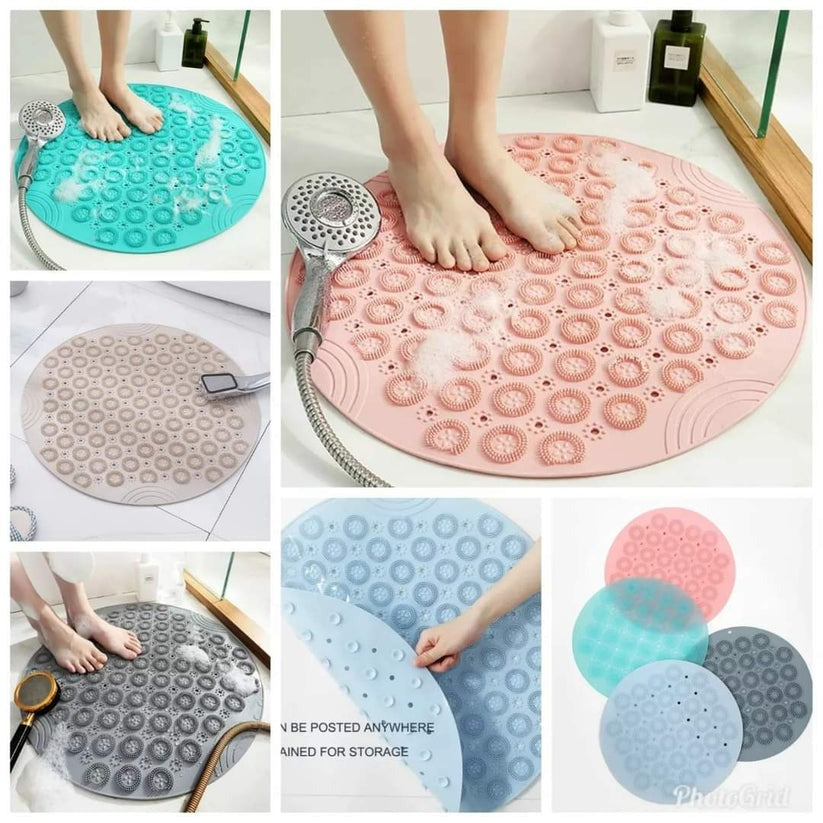 A collage of images showing round non-slip bathroom mats in various colors, with a pattern of raised squares and water-permeable holes.