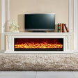 Luxury white carved wood electric fireplace TV stand with full-width orange LED flame display, ornate floral column details, flat top surface holding a television and decorative books  living room statement mantel cabinet available at iDecorators Kenya, Nairobi.