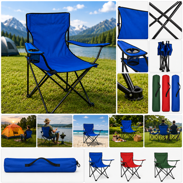 Foldable Camping Outdoor Chair Kenya – portable heavy duty camping chair with cup holder, foldable compact design, and durable outdoor fabric. Features comfortable ergonomic seating, strong metal frame, carry bag, and lightweight portable structure perfect for camping, fishing, beach outings, picnics, road trips, gardens, and outdoor events in Kenya.