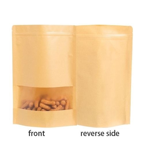 Food packaging bags Kenya. Reusable kraft ziplock pouches with airtight seal and transparent window for snacks, cereals, coffee, spices, and dry foods.
