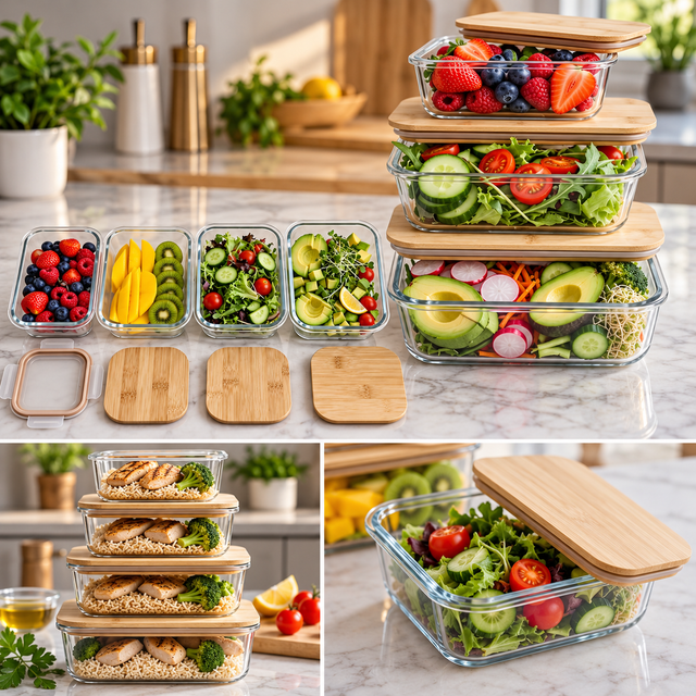 Glass food storage containers bamboo lids stacked on marble kitchen counter — iDecorators Kenya