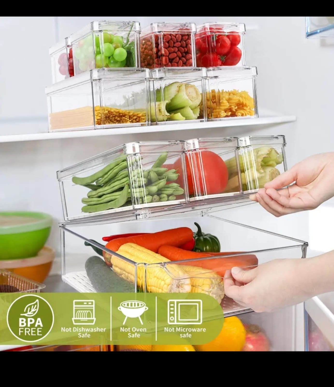 Fresh produce storage containers with drain baskets and airtight lids for organizing fruits and vegetables in the refrigerator.