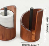 Walnut brown wooden freestanding paper towel holder measuring 15cm tall by 10cm wide, with curved cylindrical body, black metal spindle and open front slot, holding a white tissue roll on a kitchen countertop — available at iDecorators Kenya, Nairobi.