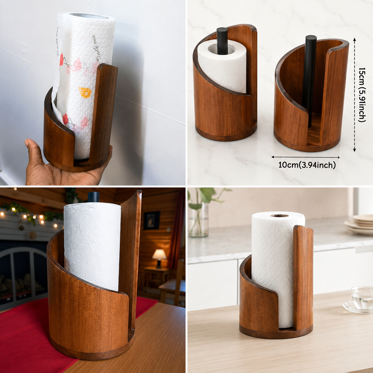 Walnut brown wooden freestanding paper towel holder measuring 15cm tall by 10cm wide, with curved cylindrical body, black metal spindle and open front slot, holding a white tissue roll on a kitchen countertop — available at iDecorators Kenya, Nairobi.