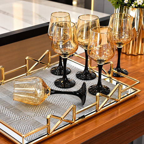Gold Wine Glasses with Black Stem, 350ml — 6 Pieces spn