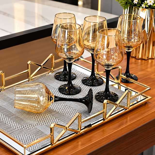 Gold Wine Glasses with Black Stem, 350ml — 6 Pieces spn