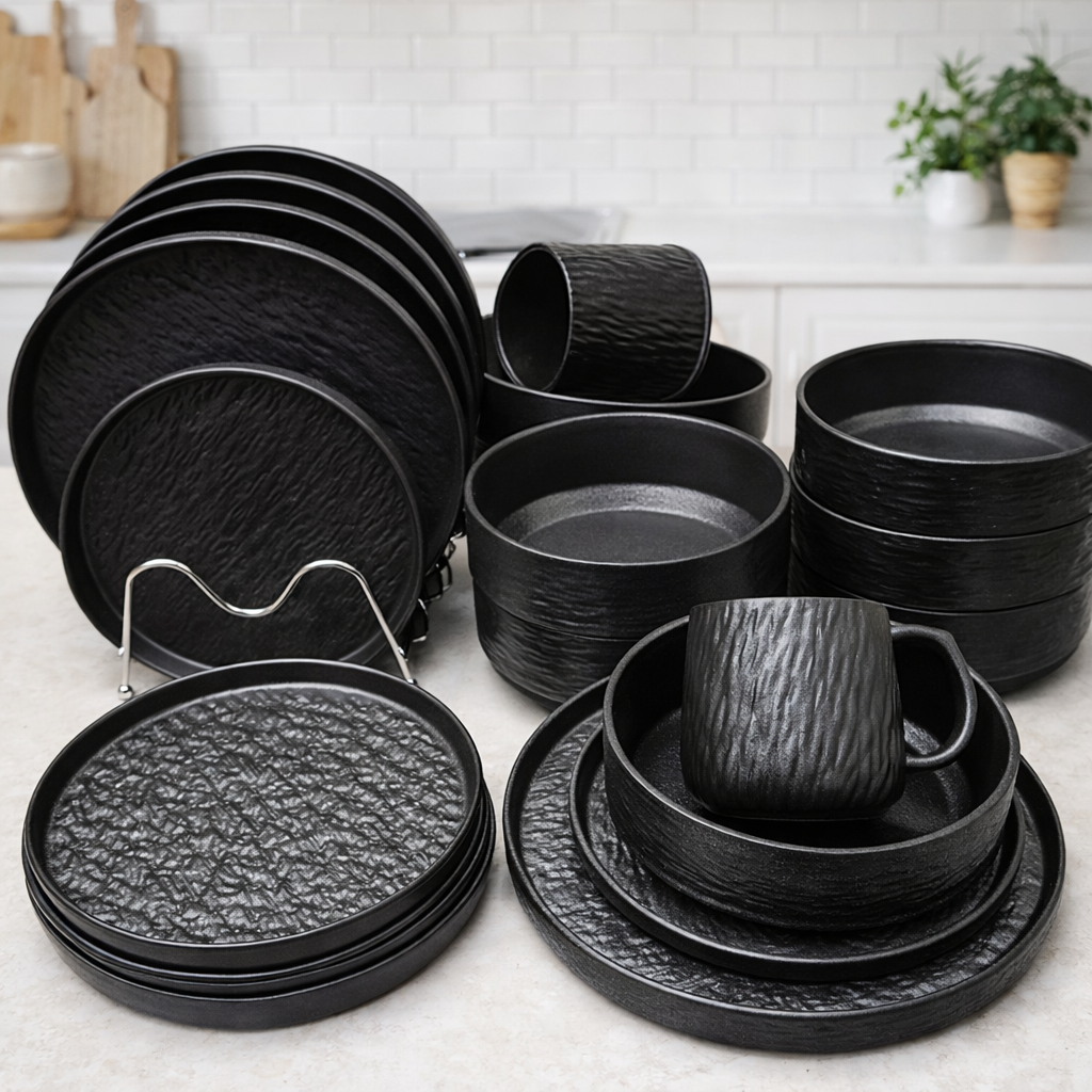 Set of black ceramic dinnerware on a kitchen counter