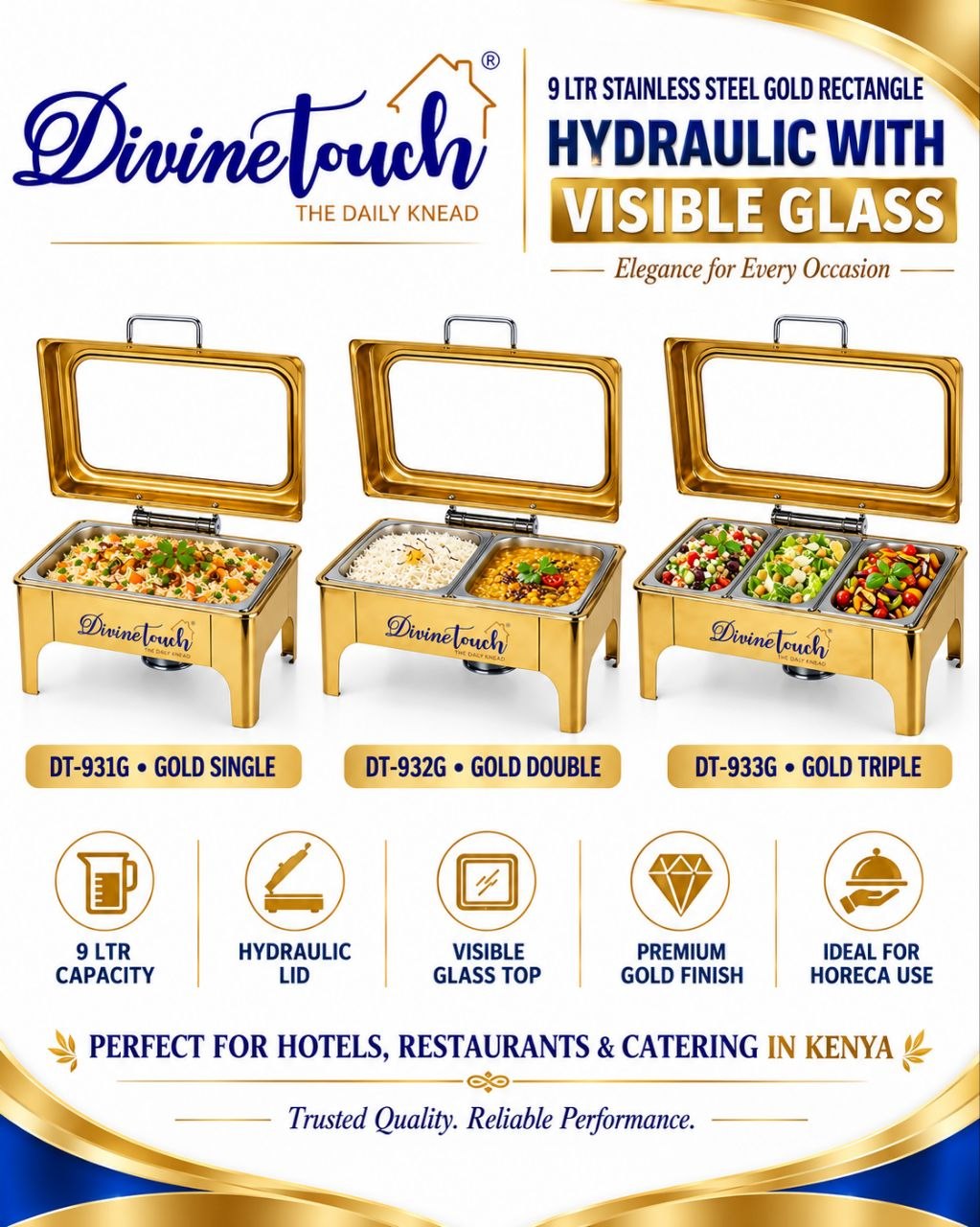 Gold Stainless Steel Rectangular Hydraulic Chafing Dish with Glass Lid, 9 Litres div