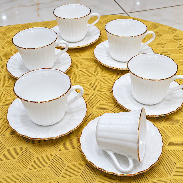 White Shell Cup and Saucer Set with Gold Rim, 190ml Cups and 5.5 Inch Saucers — 12 Pieces spn