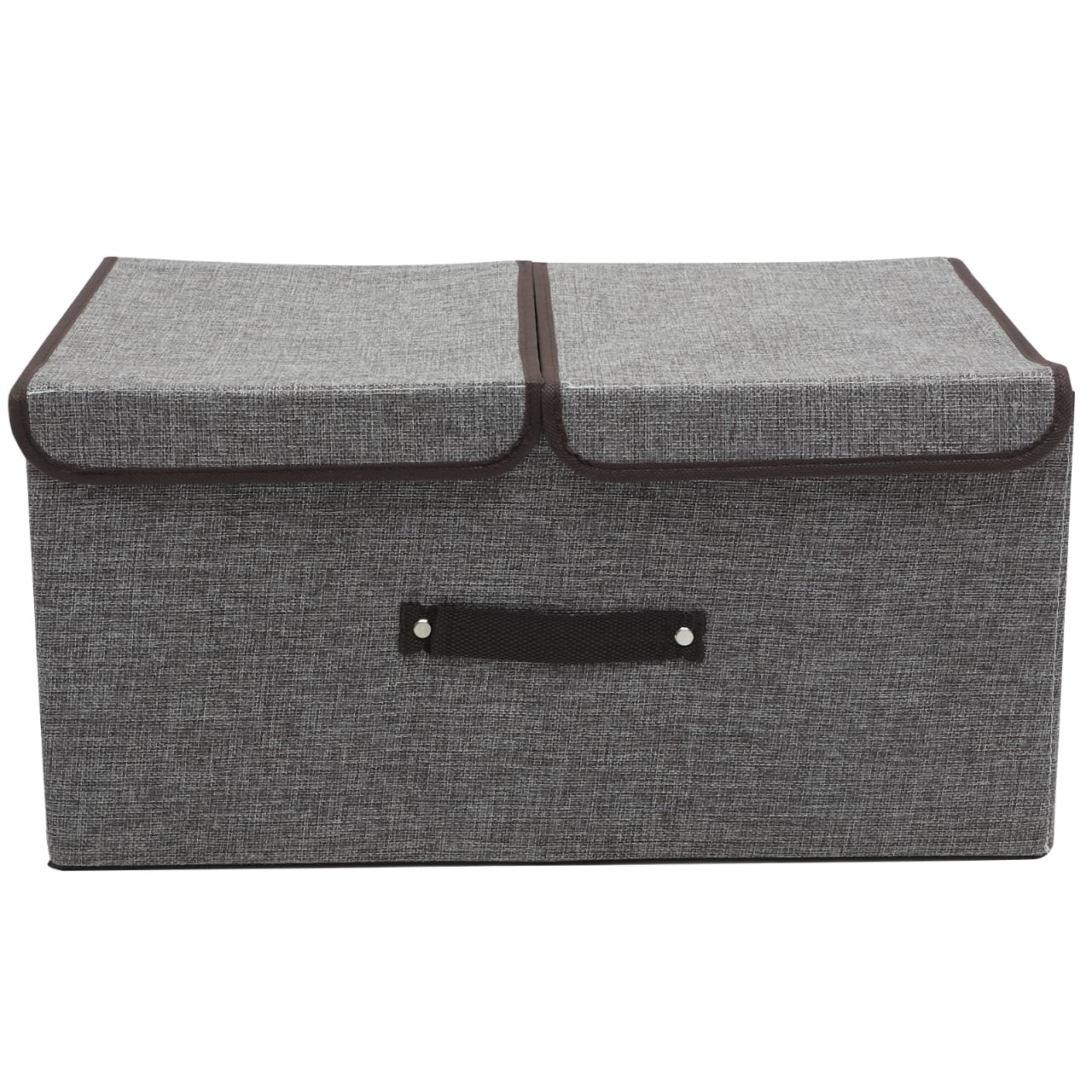 Gray storage ottoman with a handle on a white background
