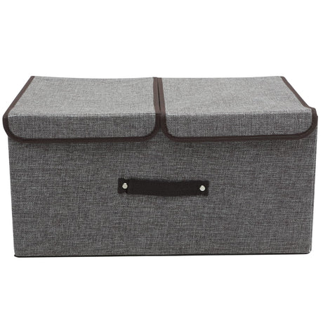 Gray storage ottoman with a handle on a white background