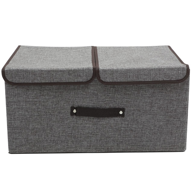 Gray storage ottoman with a handle on a white background