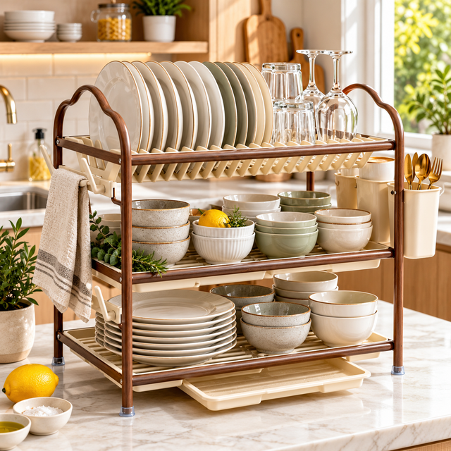 Dish rack aluminium wood-grain 3 tier large with drainer and cup holders — iDecorators Kenya
