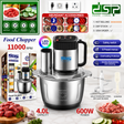 DSP 4L electric food chopper with stainless steel bowl, 600W motor, LED display, and six stainless steel blades.
