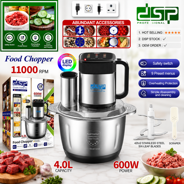 DSP 4L electric food chopper with stainless steel bowl, 600W motor, LED display, and six stainless steel blades.